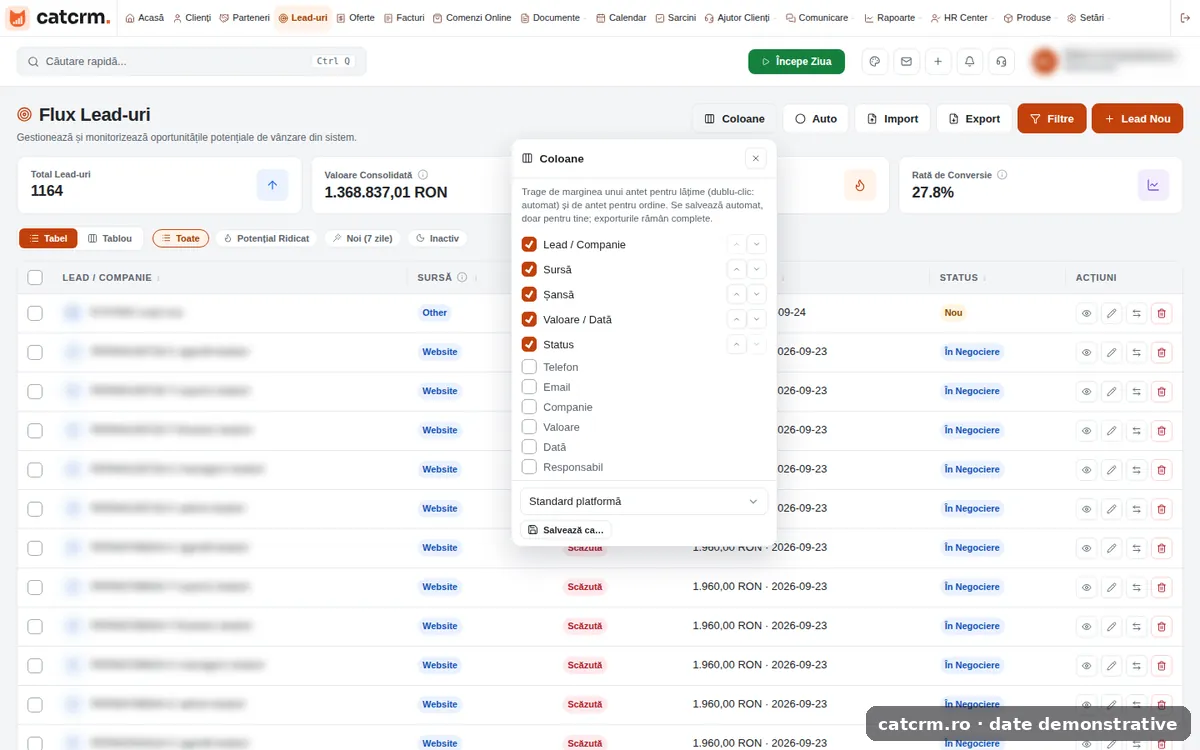 Coloane personalizabile — interfața CAT CRM (date demonstrative)